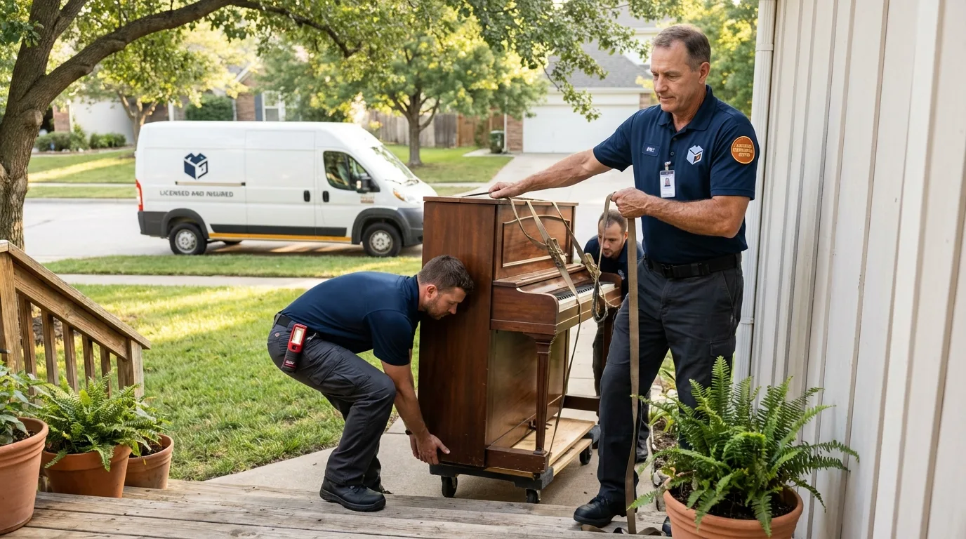 Licensed piano movers securing grand piano in Eastport, ME