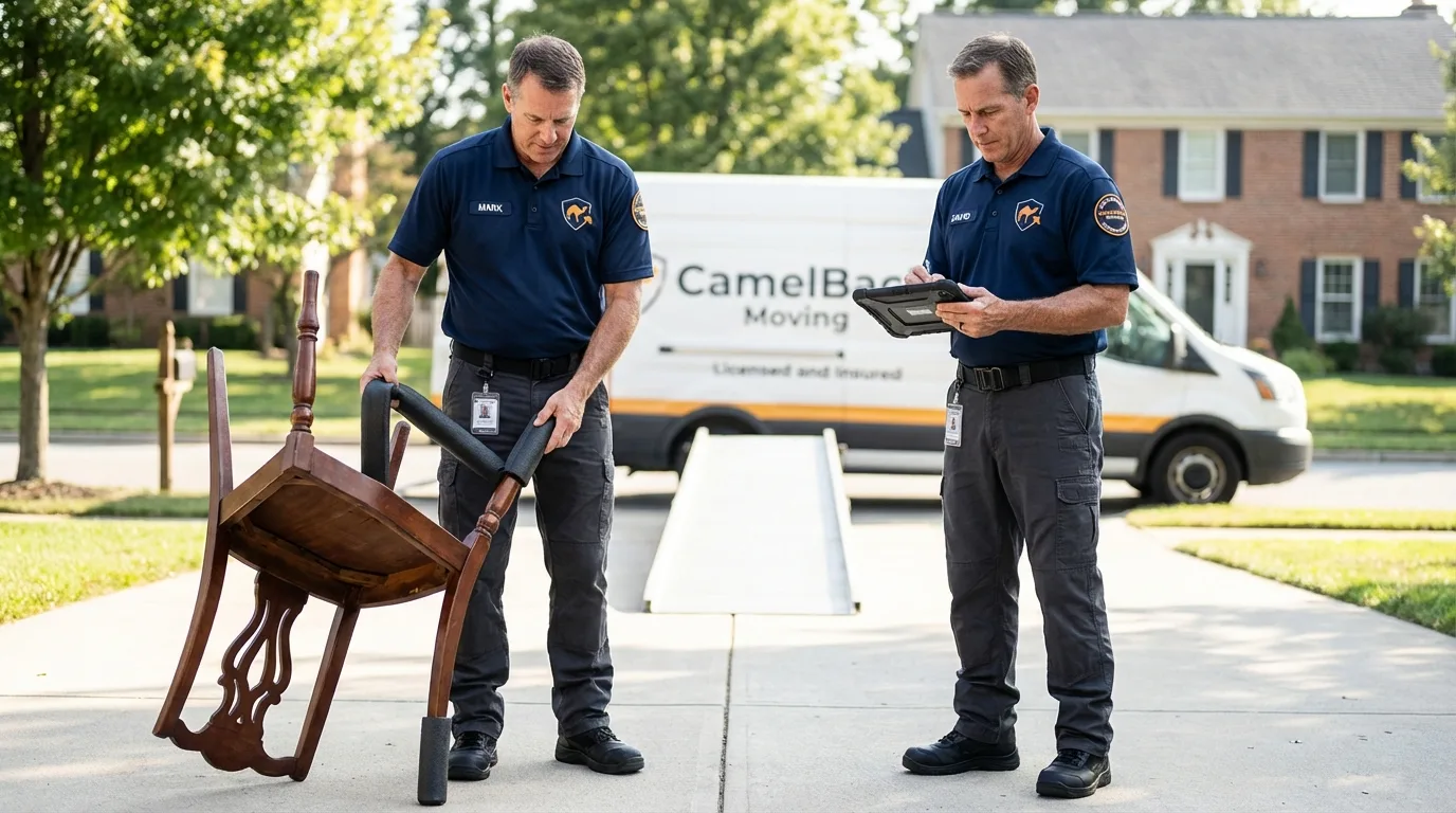 Movers inspecting furniture for damage prevention before loading in Eastport, ME