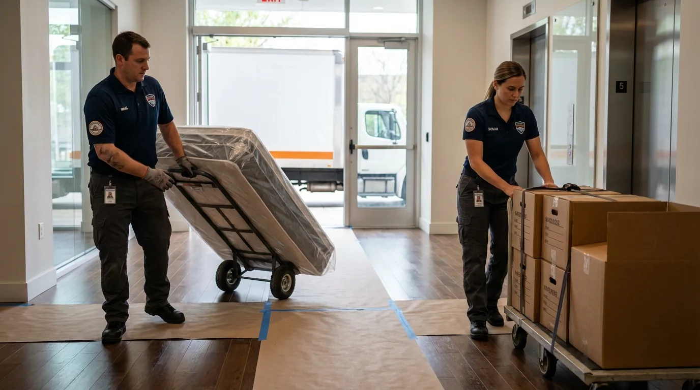 Professional apartment movers loading elevator in Eastport, ME