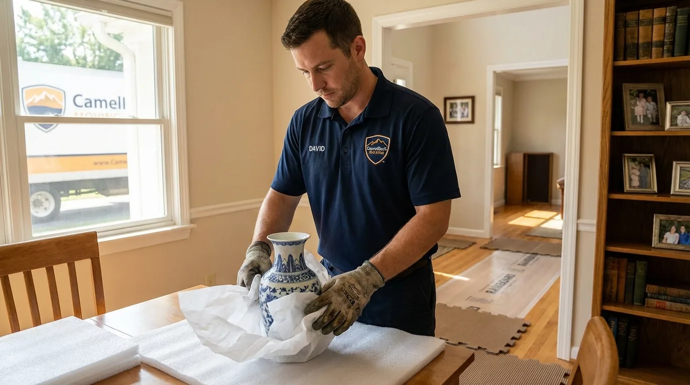 Professional crew carefully wrapping antique vase for senior downsizing move in Eastport, ME