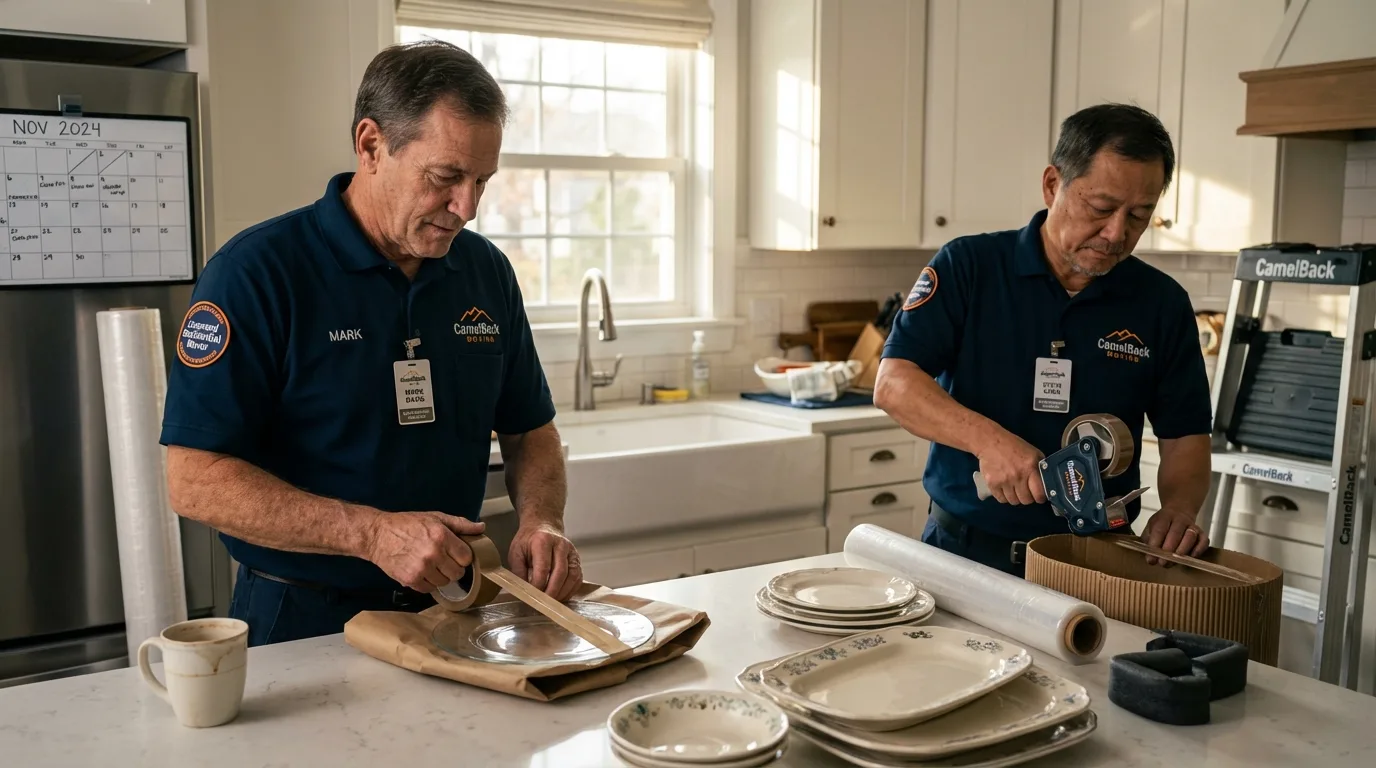 Professional crew packing kitchen dishware in Eastport, ME