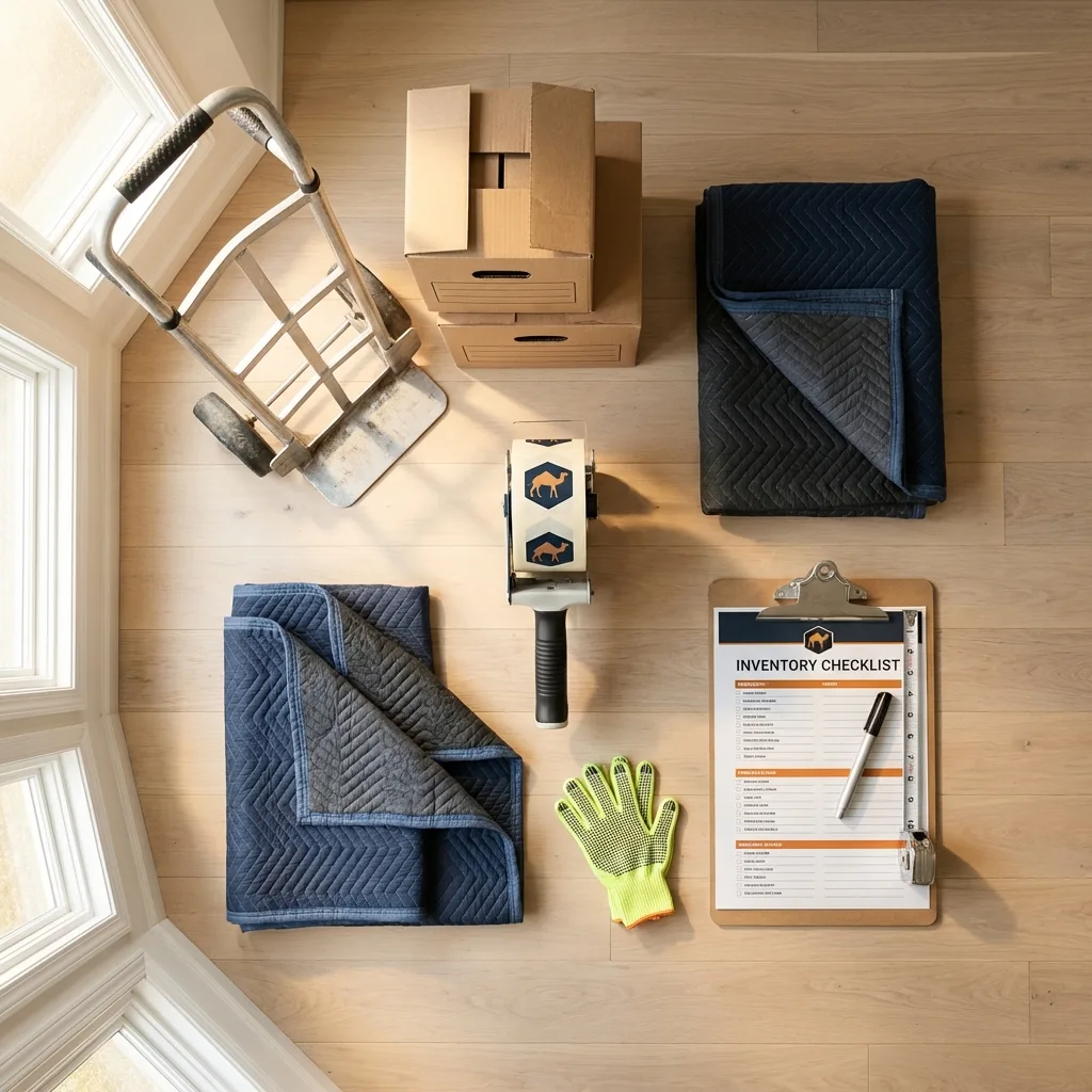 Professional moving supplies and packing materials layout for Eastport residential relocations
